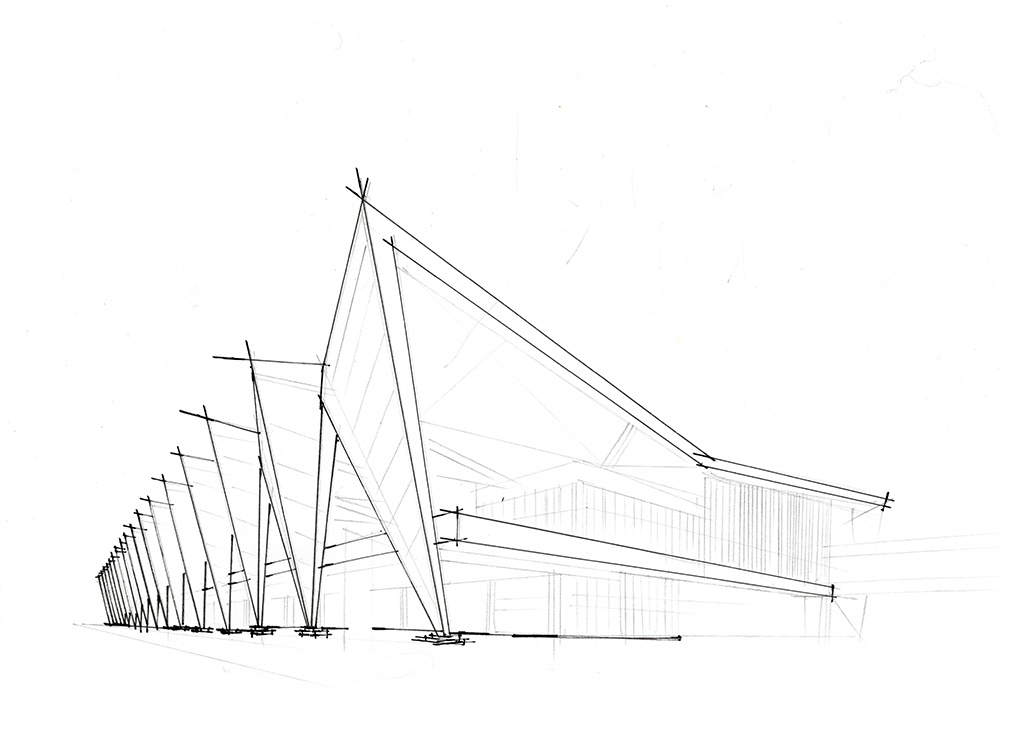 青岛邮轮母港建筑手绘线稿马克笔步骤图解——建筑设计手绘培训实践